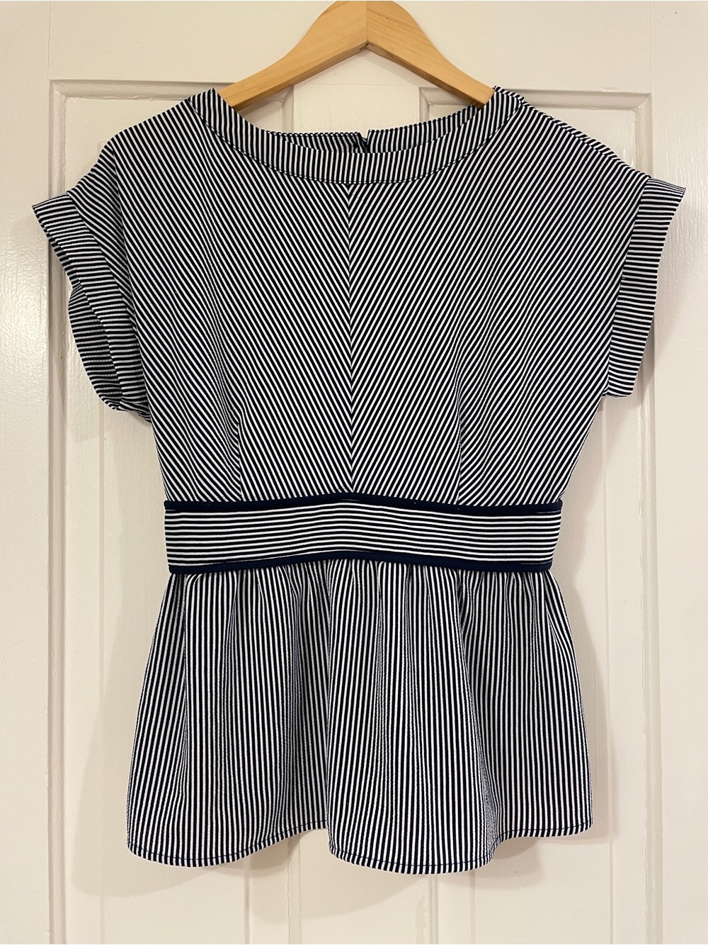 Monteau Navy and White Striped Peplum Top